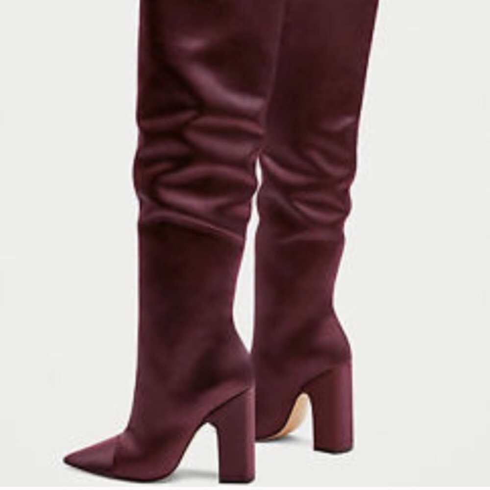 Zara Burgundy sateen knee boots